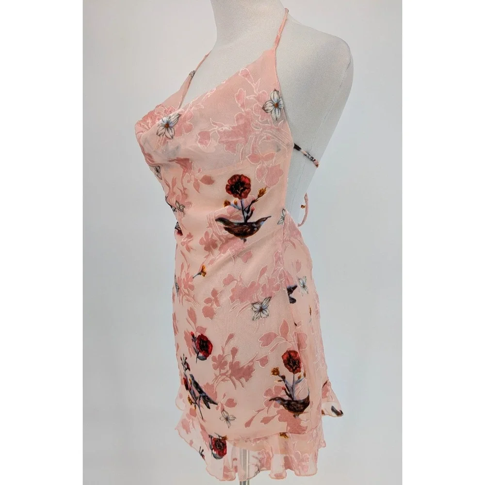 Beginning Boutique Floral Burnt Out Velvet Mini Dress 6 Pink Coquette Fairycore‎
